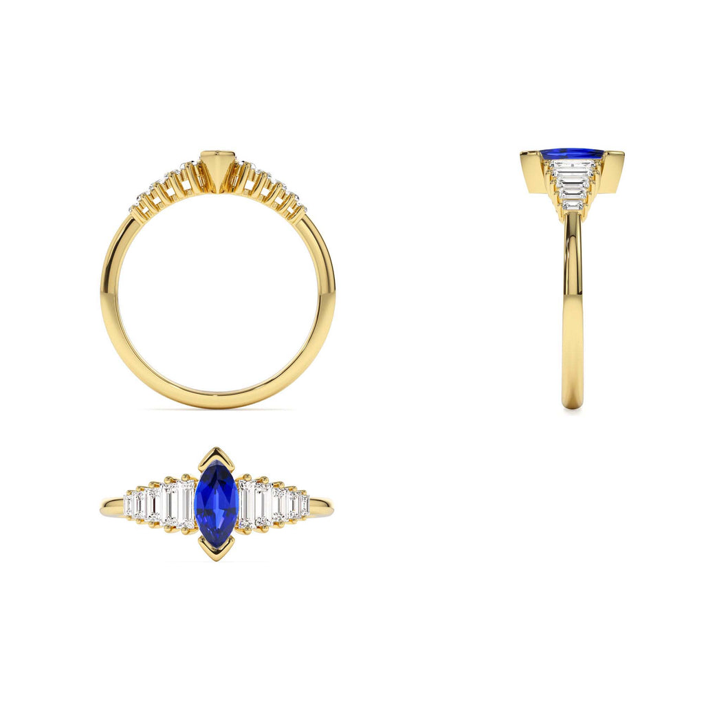 Marquise Shape Sapphire Ring with Baguette Accents in 14K Gold — view 3