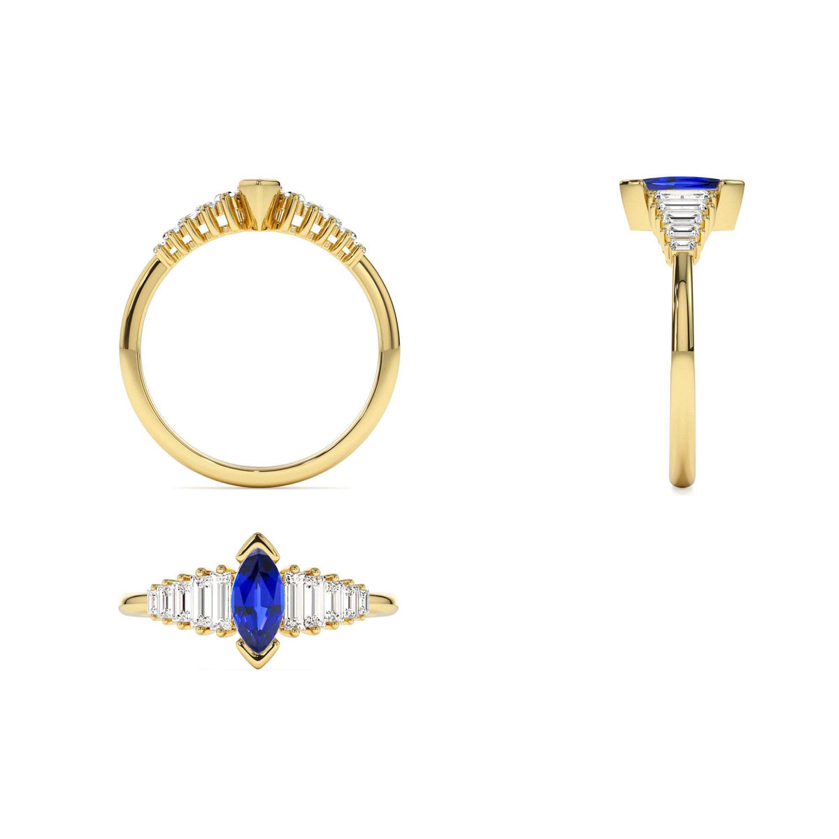 Marquise Shape Sapphire Ring with Baguette Accents in 14K Gold — view 3