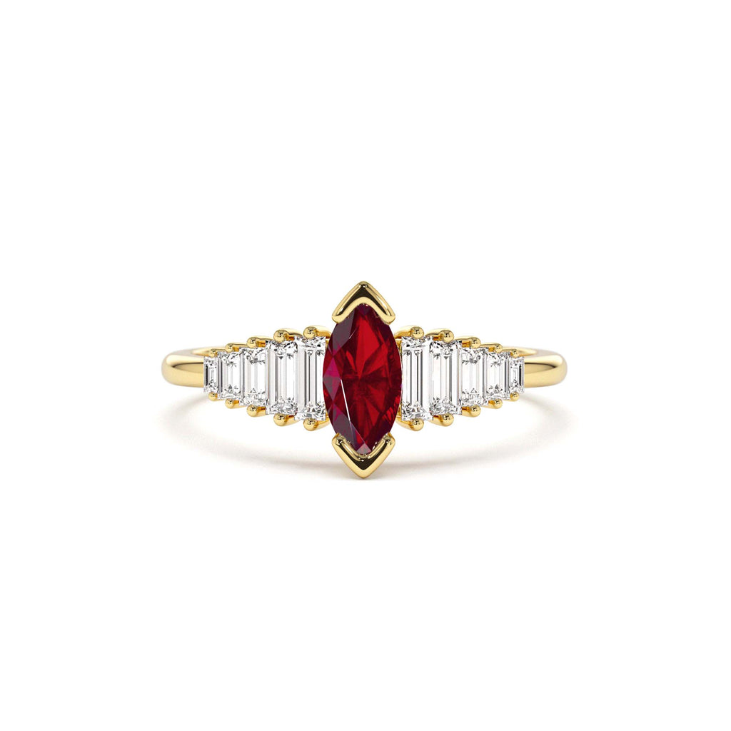 Marquise Shape Ruby Ring with Baguette Accents in 14K Gold — view 1