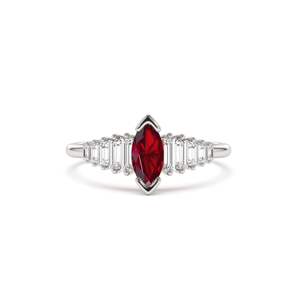 Marquise Shape Ruby Ring with Baguette Accents in 14K Gold — view 3