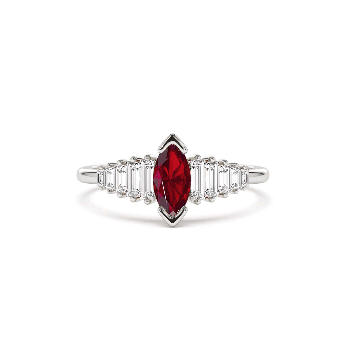 Marquise Shape Ruby Ring with Baguette Accents in 14K Gold — view 3