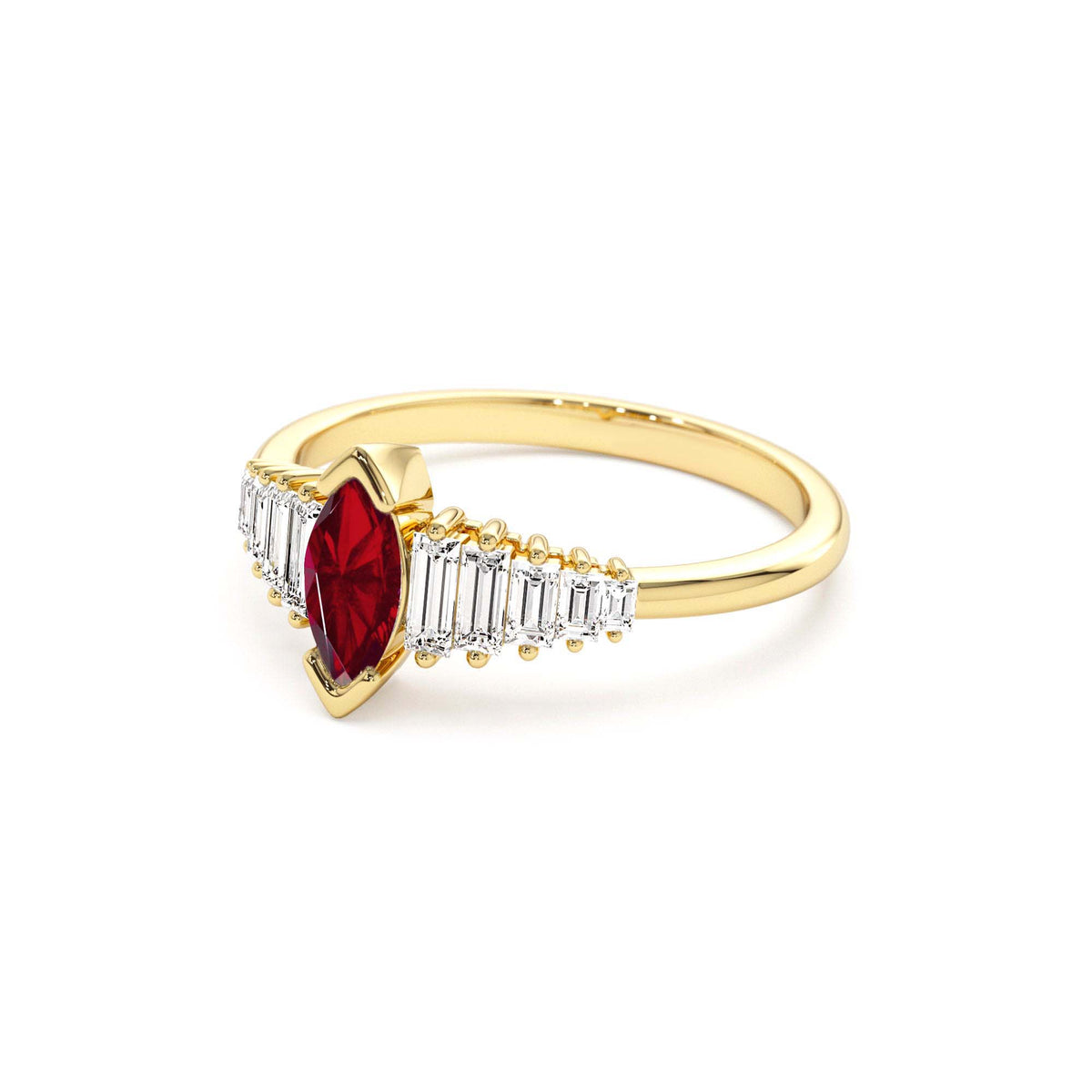 Marquise Shape Ruby Ring with Baguette Accents in 14K Gold — view 2