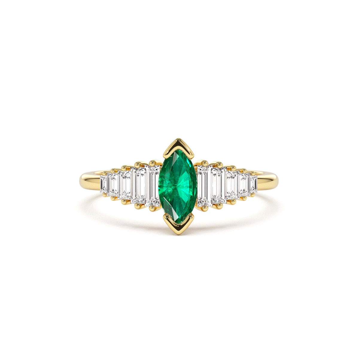 Marquise Shape Emerald Ring with Baguette Accents in 14K Gold — view 1