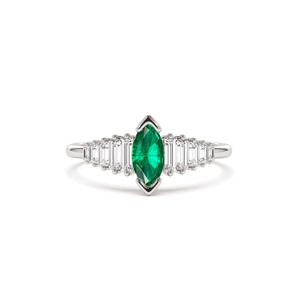 Marquise Shape Emerald Ring with Baguette Accents in 14K Gold — view 3