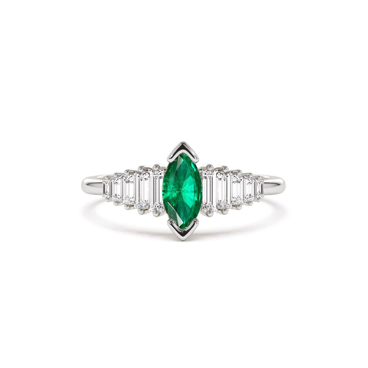 Marquise Shape Emerald Ring with Baguette Accents in 14K Gold — view 3