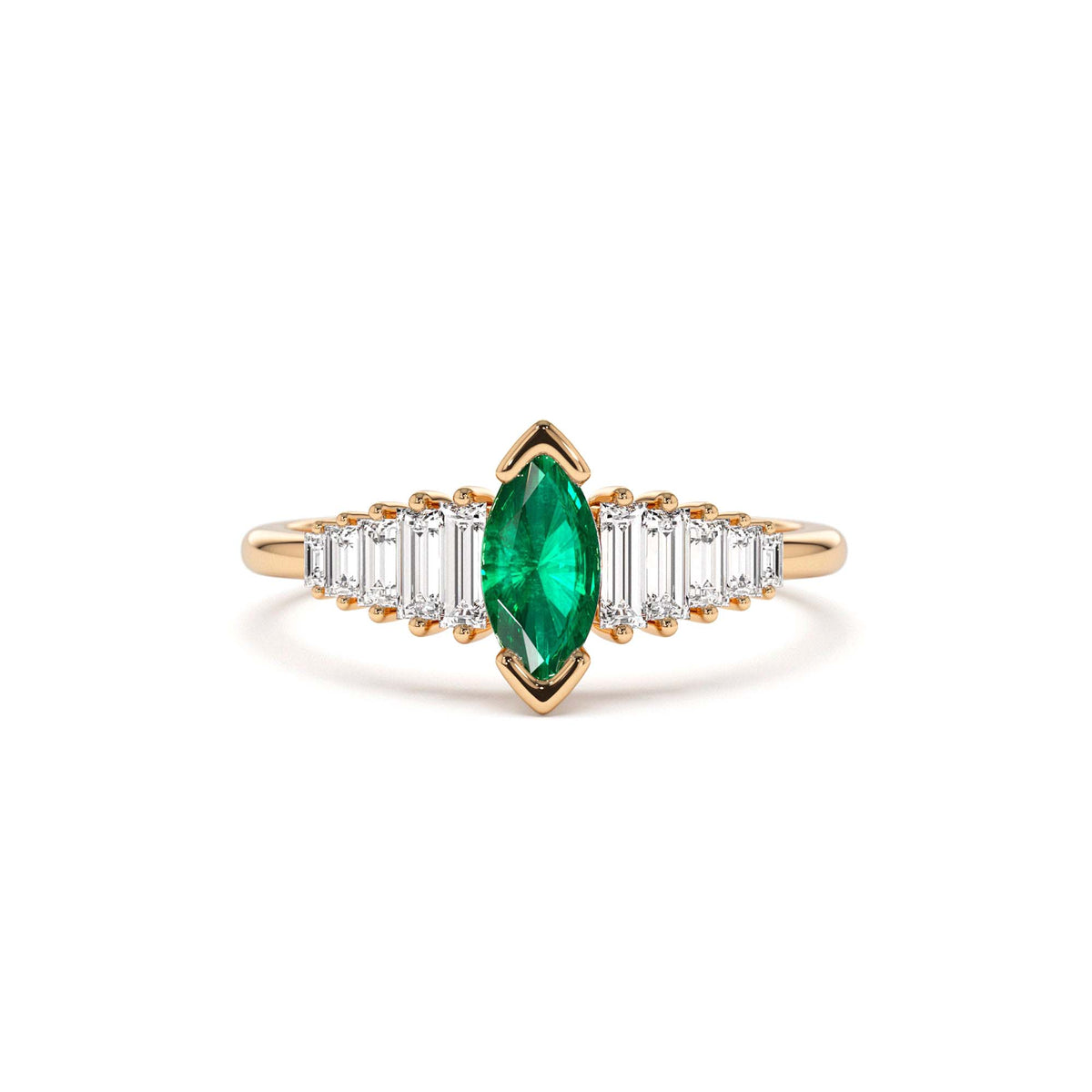 Marquise Shape Emerald Ring with Baguette Accents in 14K Gold — view 4