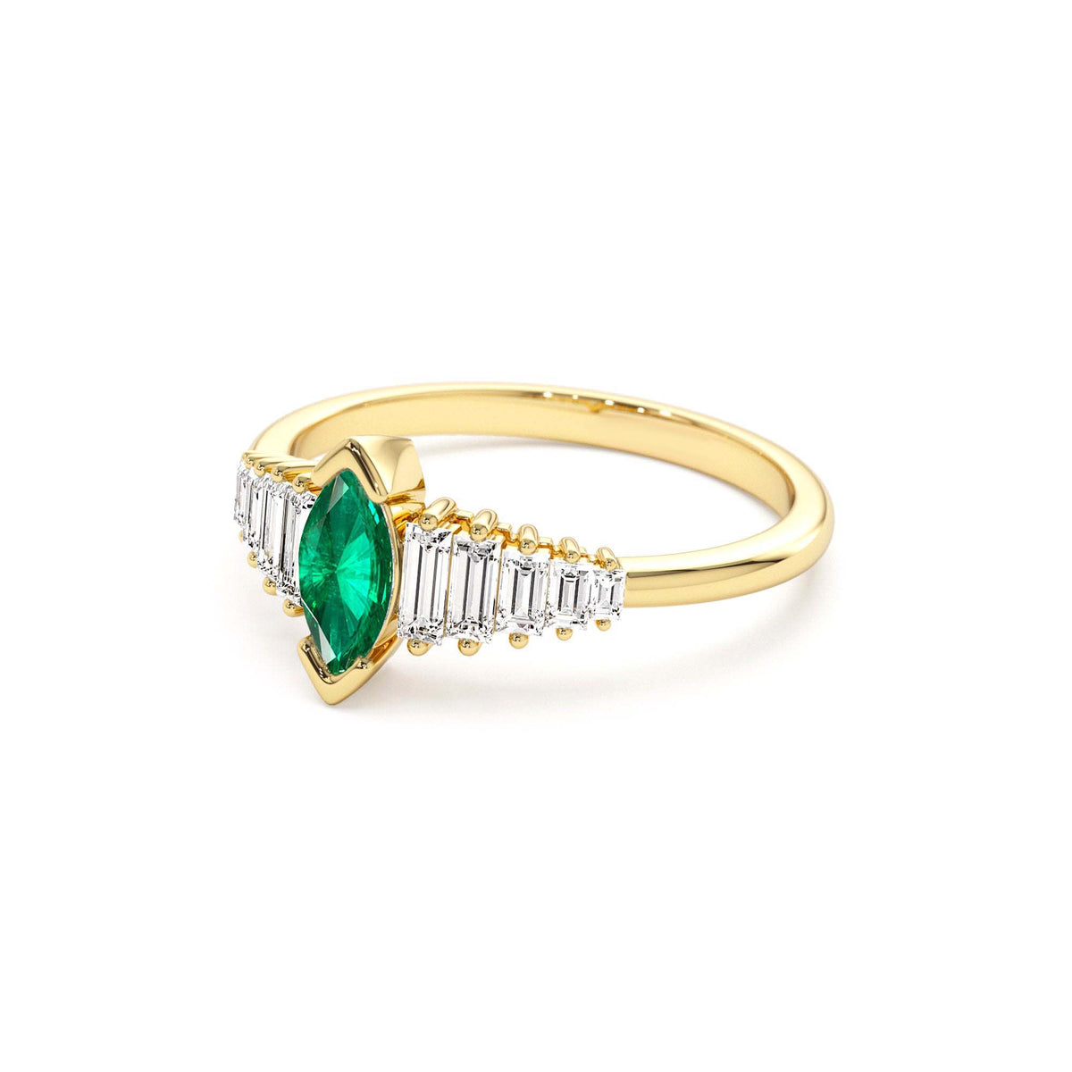 Marquise Shape Emerald Ring with Baguette Accents in 14K Gold — view 2
