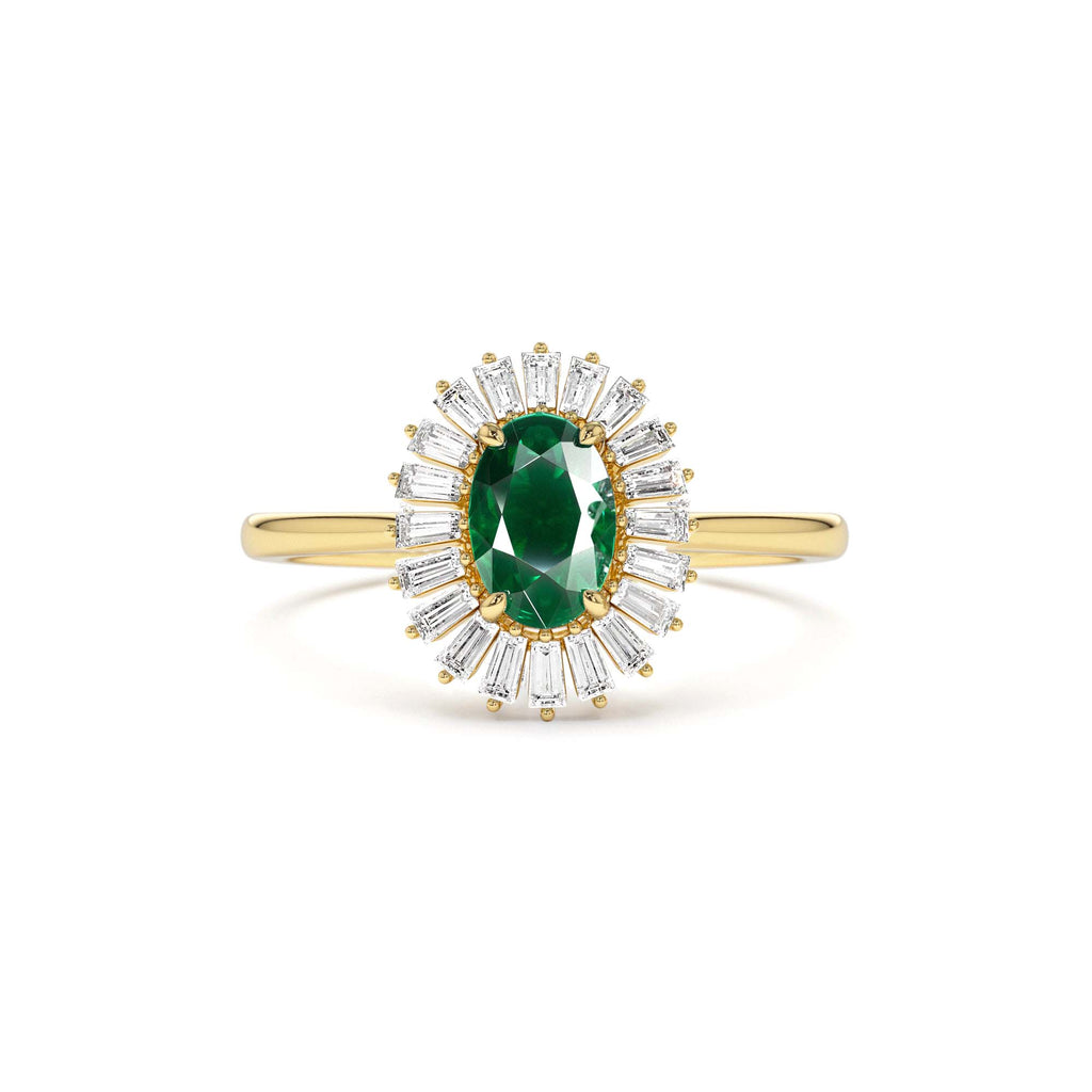 Baguette Diamond Ballerina Oval Emerald Ring in 14K Gold — view 1