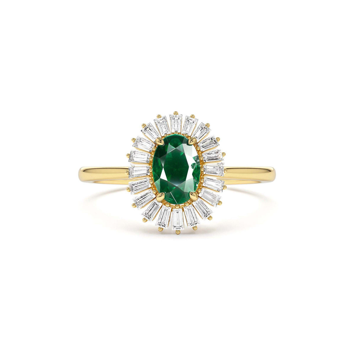 Baguette Diamond Ballerina Oval Emerald Ring in 14K Gold — view 1