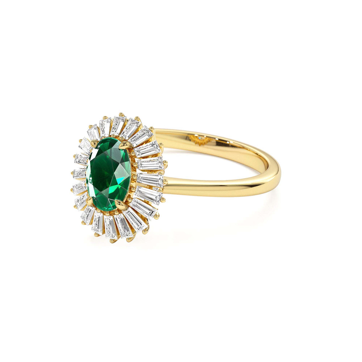 Baguette Diamond Ballerina Oval Emerald Ring in 14K Gold — view 2