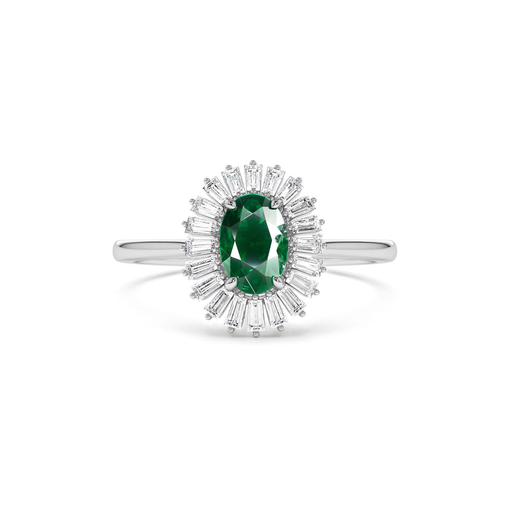 Baguette Diamond Ballerina Oval Emerald Ring in 14K Gold — view 3