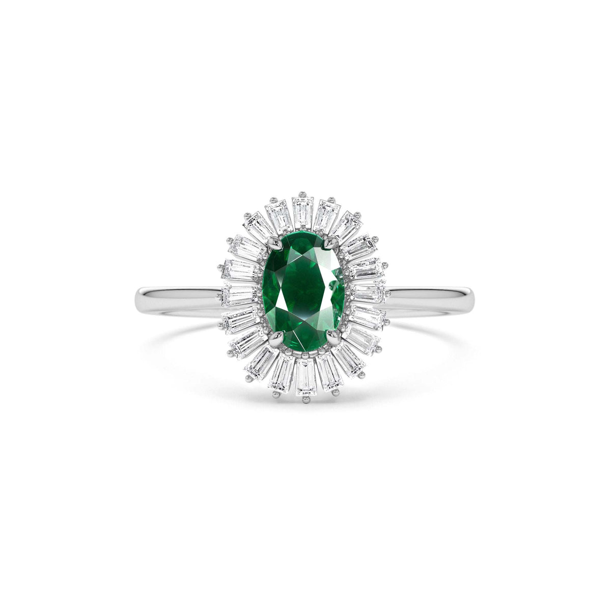 Baguette Diamond Ballerina Oval Emerald Ring in 14K Gold — view 3