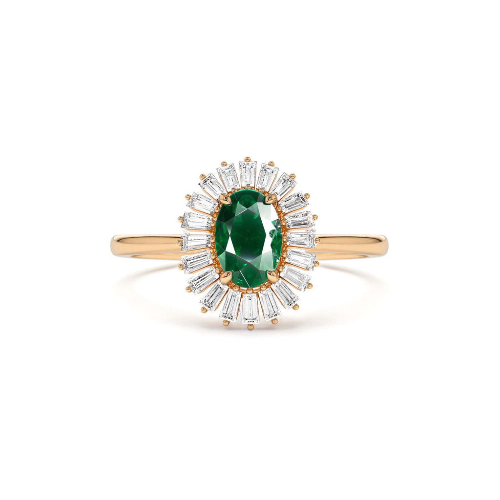 Baguette Diamond Ballerina Oval Emerald Ring in 14K Gold — view 4