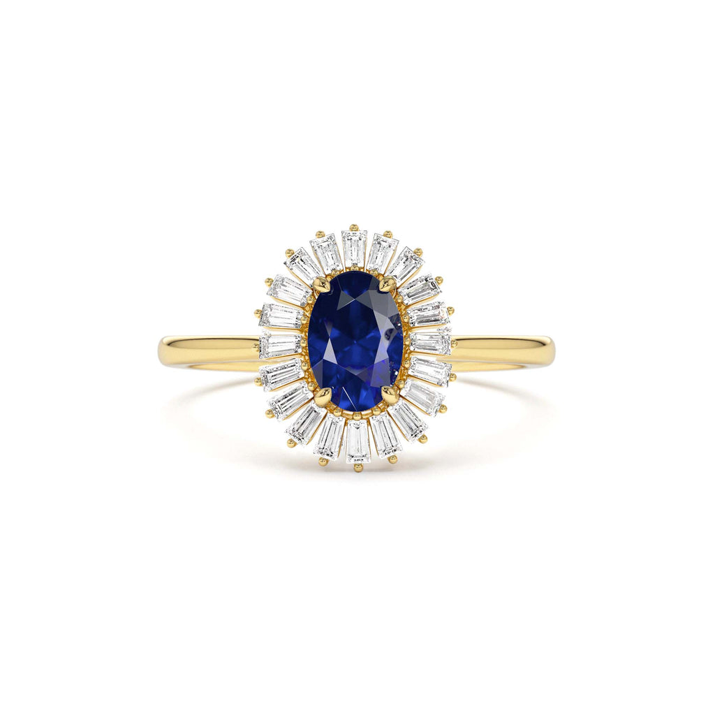 Baguette Diamond Ballerina Oval Sapphire Ring in 14K Gold — view 1