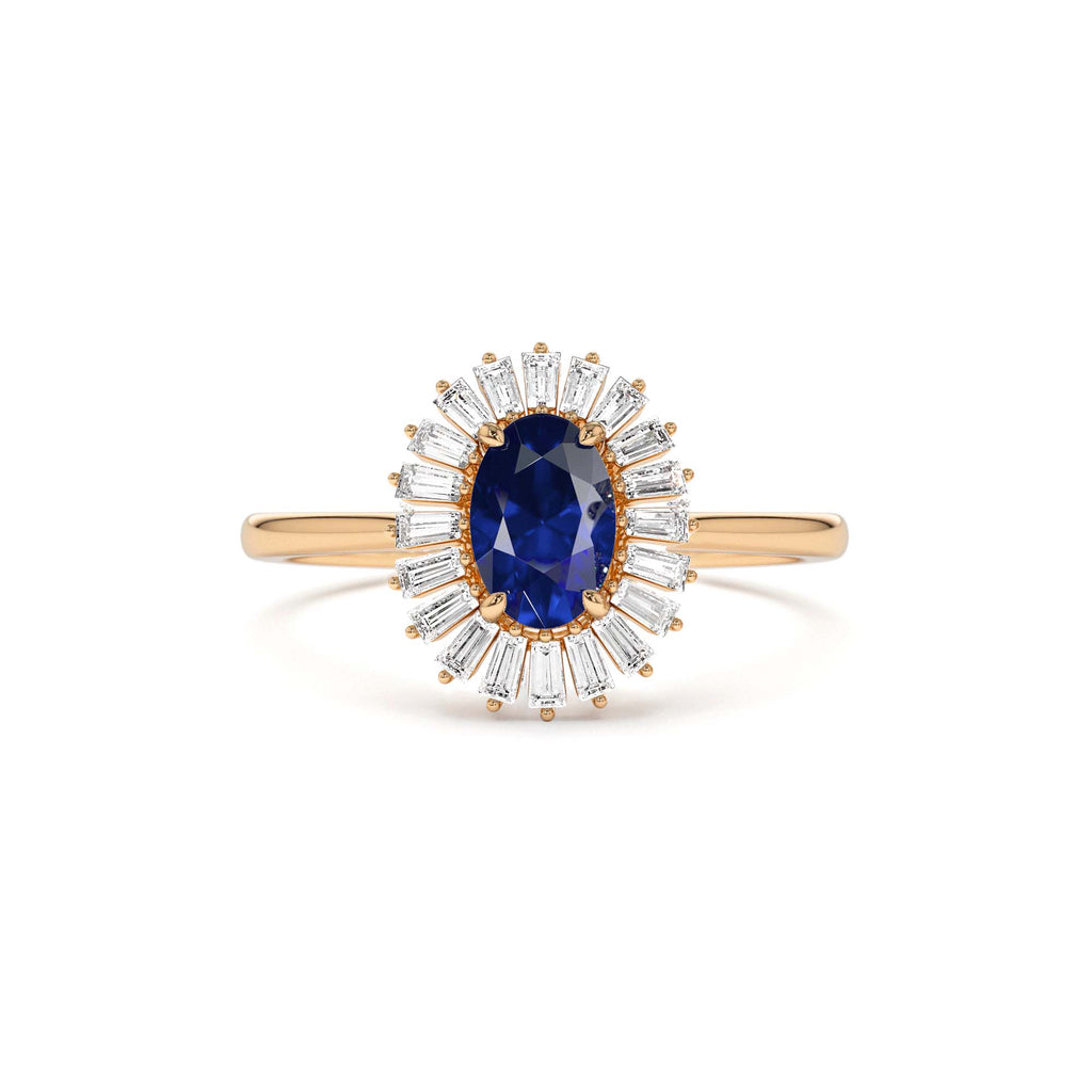 Baguette Diamond Ballerina Oval Sapphire Ring in 14K Gold — view 4