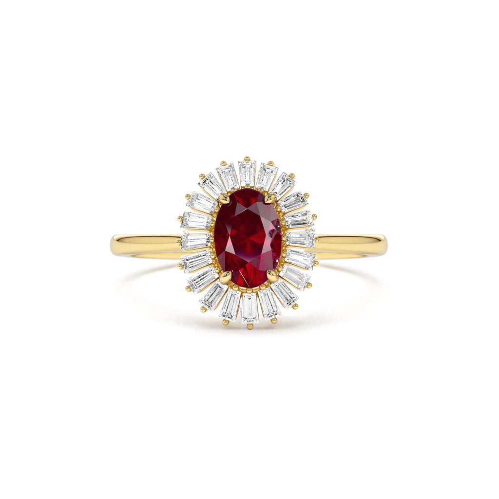 Baguette Diamond Ballerina Oval Ruby Ring in 14K Gold — view 1