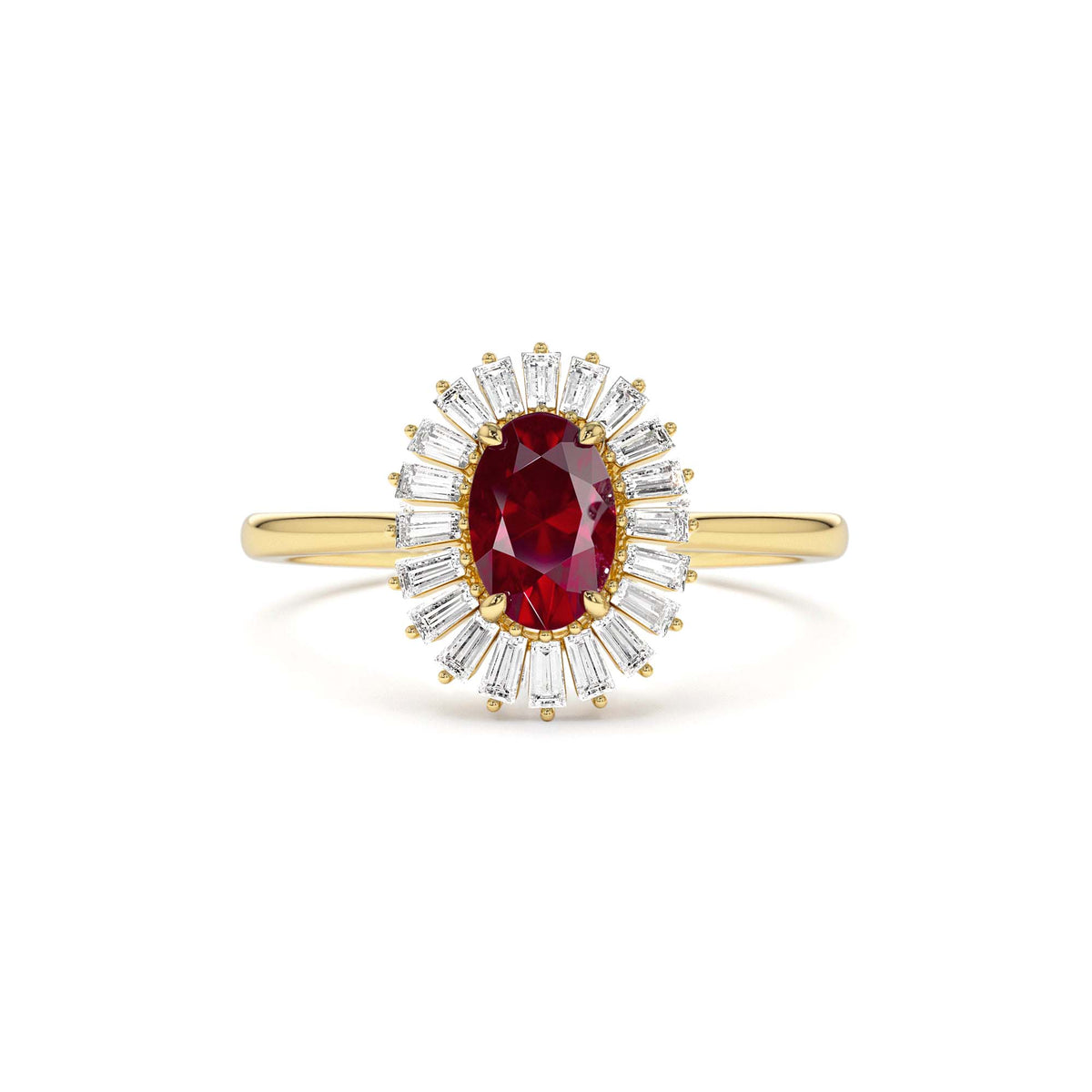 Baguette Diamond Ballerina Oval Ruby Ring in 14K Gold — view 1