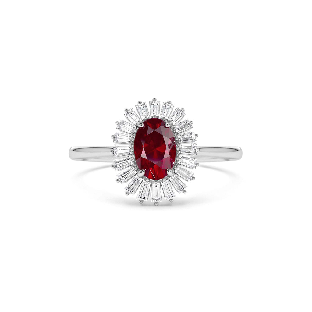 Baguette Diamond Ballerina Oval Ruby Ring in 14K Gold — view 3