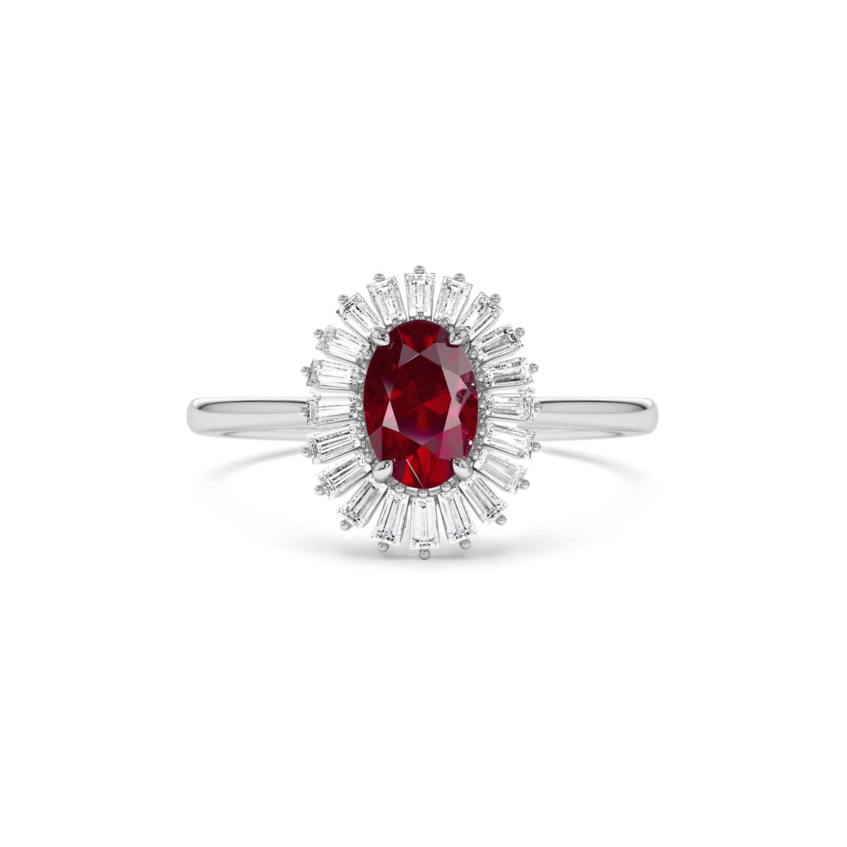 Baguette Diamond Ballerina Oval Ruby Ring in 14K Gold — view 3