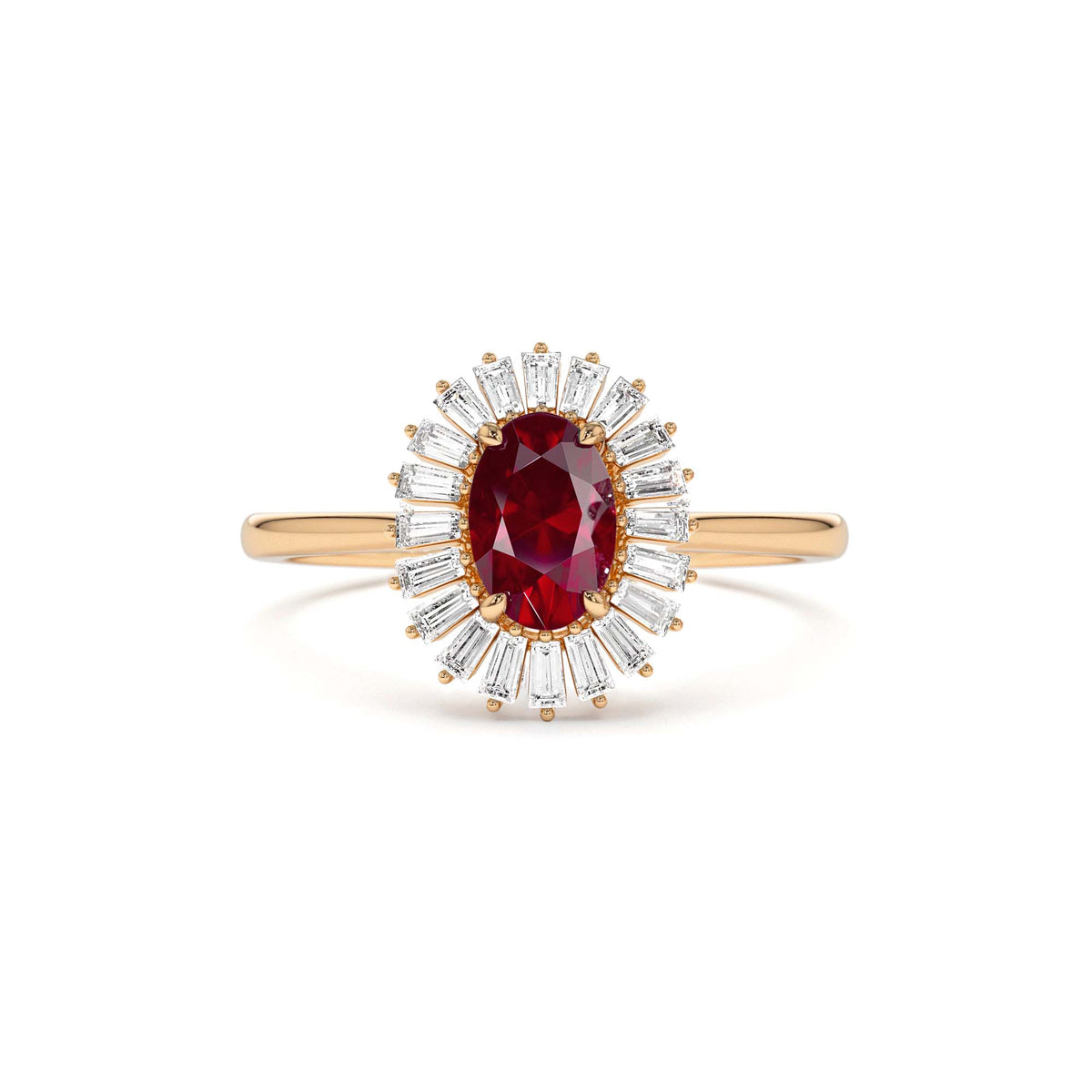 Baguette Diamond Ballerina Oval Ruby Ring in 14K Gold — view 4