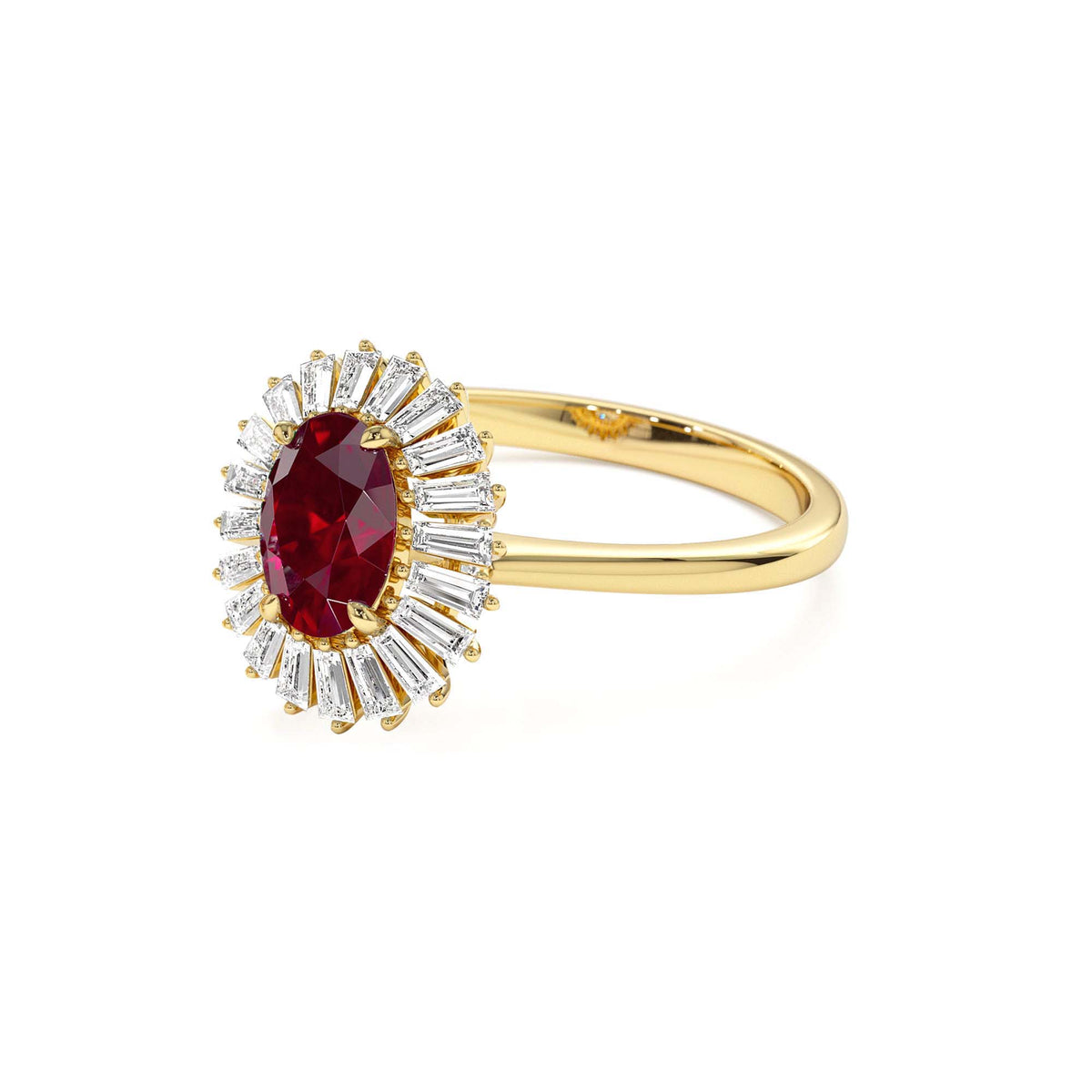 Baguette Diamond Ballerina Oval Ruby Ring in 14K Gold — view 2