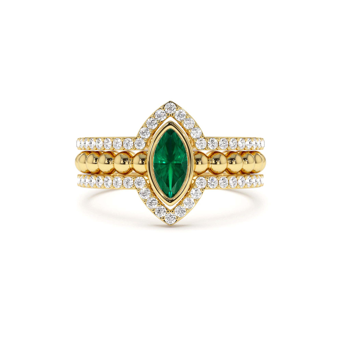 Marquise Shaped Emerald Ring with Nesting Diamond Bands in 14K Gold — view 1