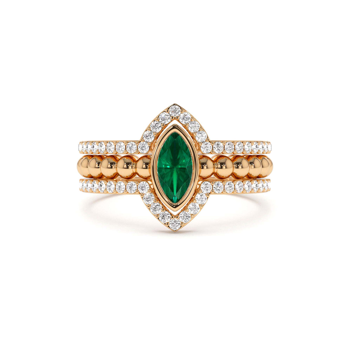 Marquise Shaped Emerald Ring with Nesting Diamond Bands in 14K Gold — view 5