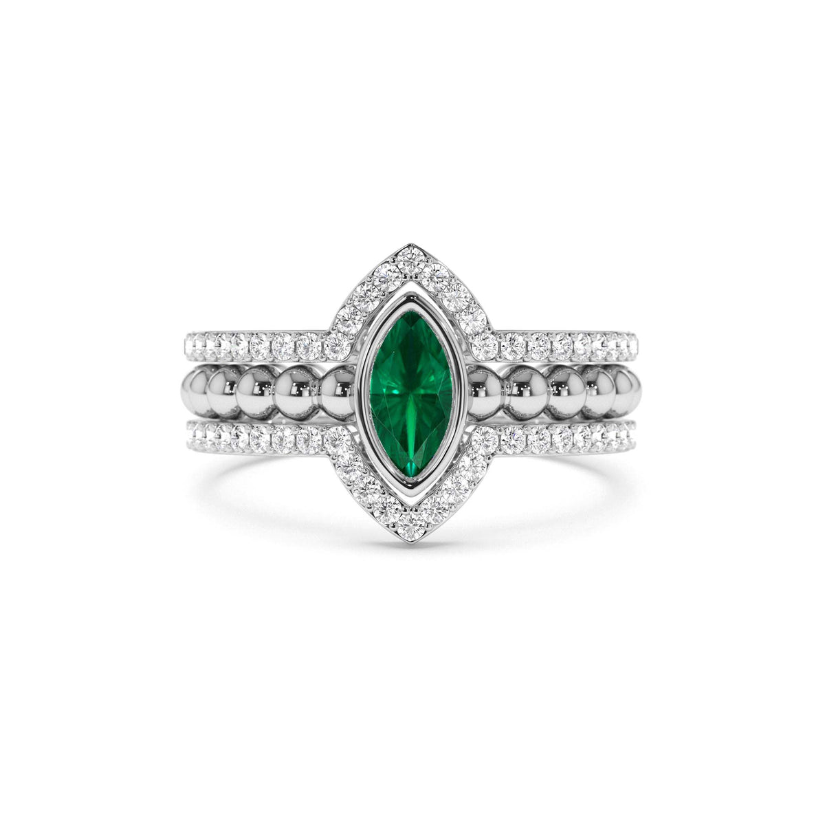 Marquise Shaped Emerald Ring with Nesting Diamond Bands in 14K Gold — view 4