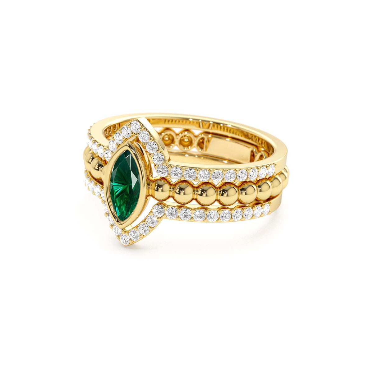 Marquise Shaped Emerald Ring with Nesting Diamond Bands in 14K Gold — view 2