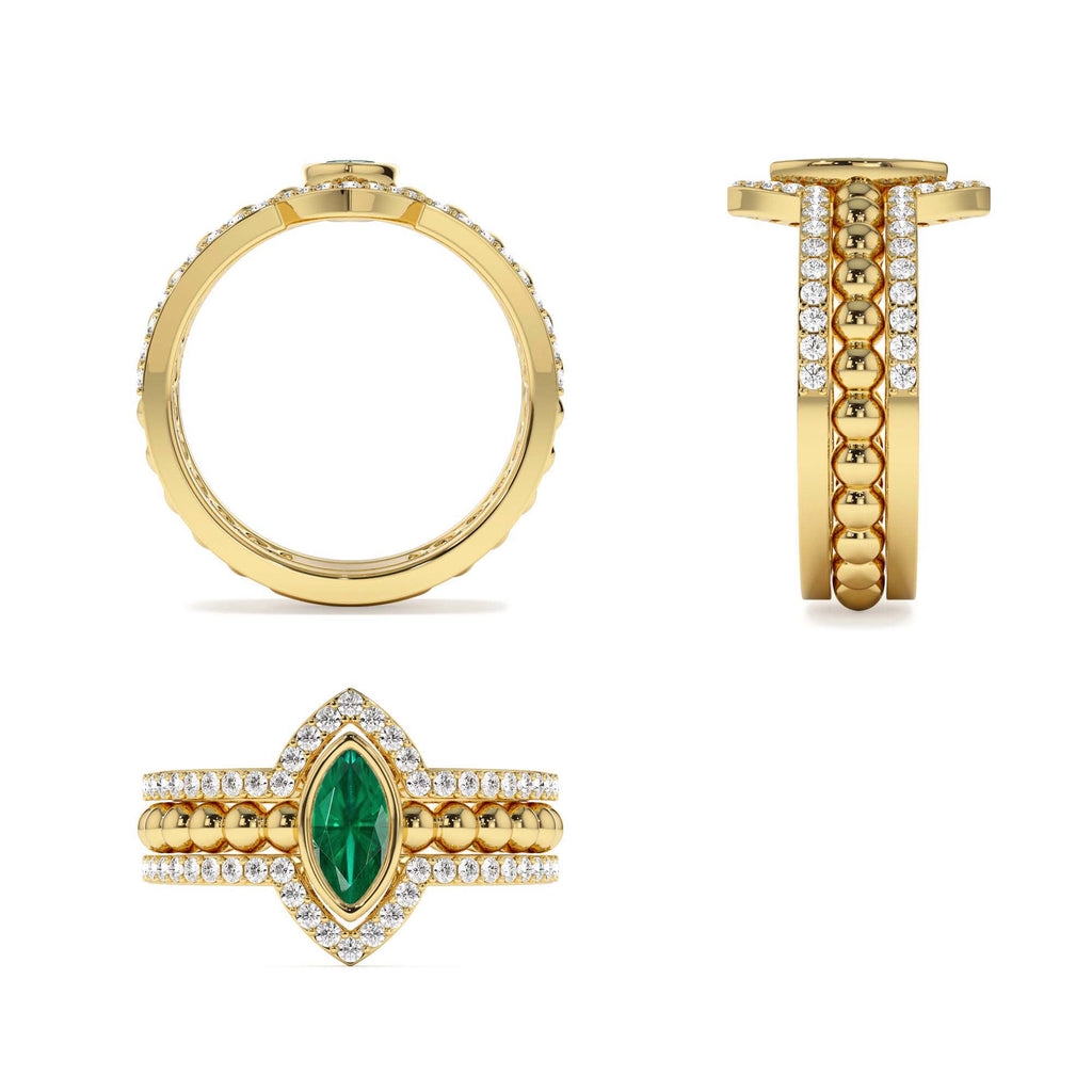 Marquise Shaped Emerald Ring with Nesting Diamond Bands in 14K Gold — view 3