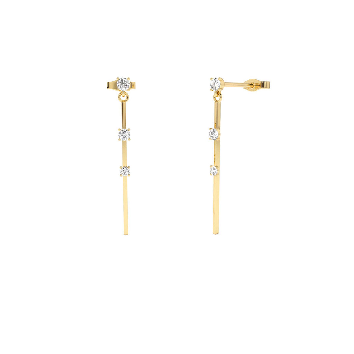 Linear Bar Triple Diamond Drop Earrings in 14K Gold — view 1