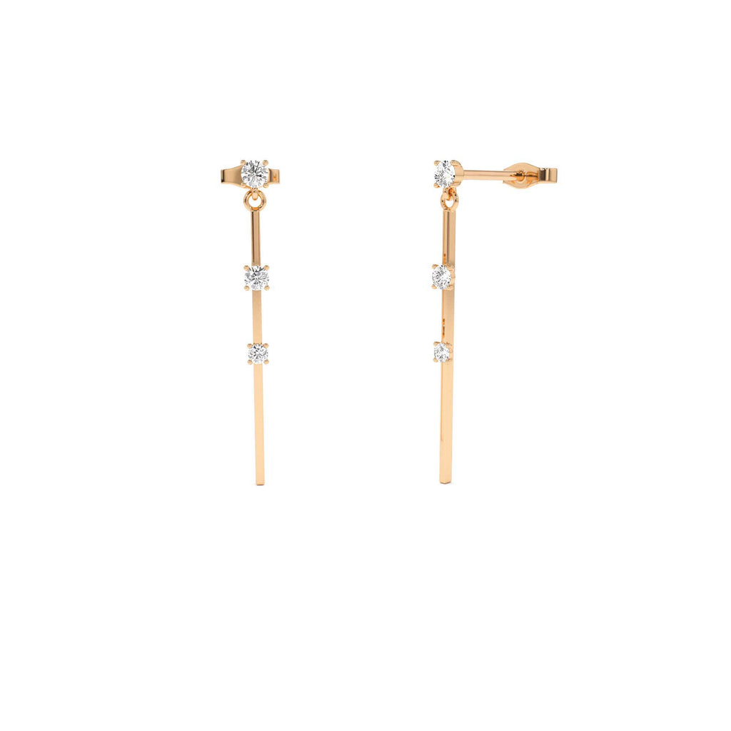 Linear Bar Triple Diamond Drop Earrings in 14K Gold — view 4