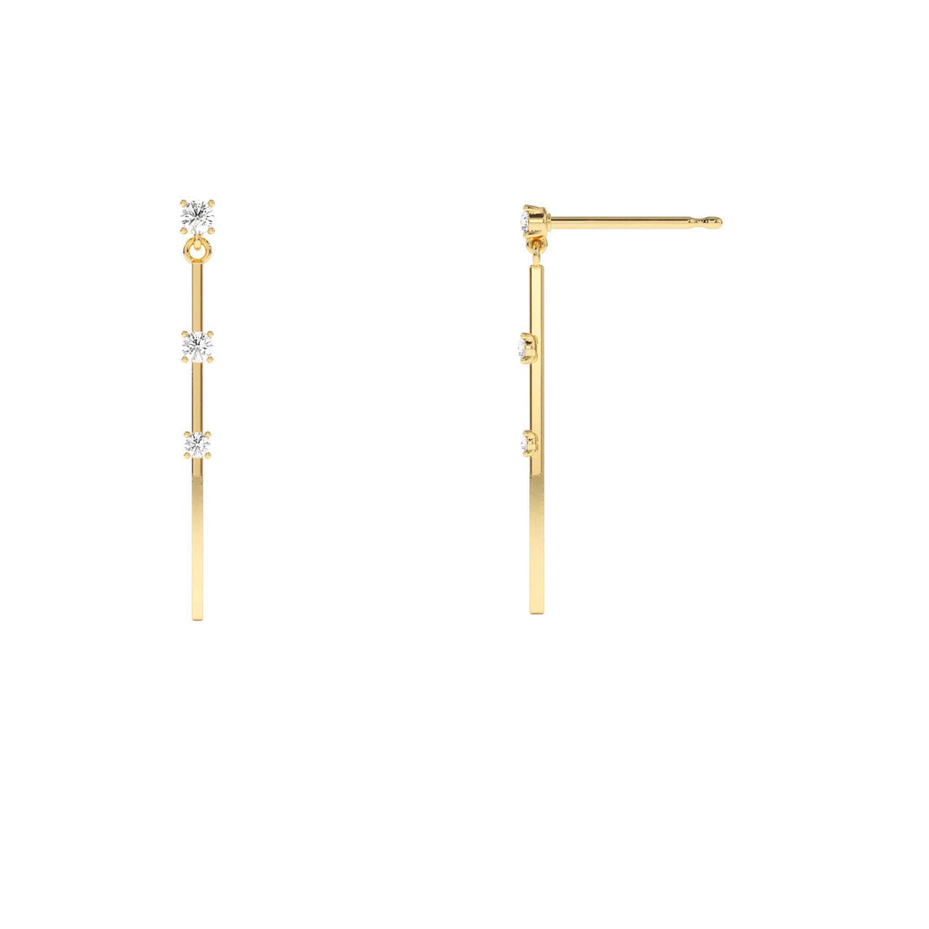 Linear Bar Triple Diamond Drop Earrings in 14K Gold — view 2
