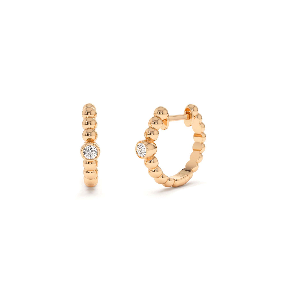 Bezel Setting Beaded Diamond Huggies in 14K Gold — view 4