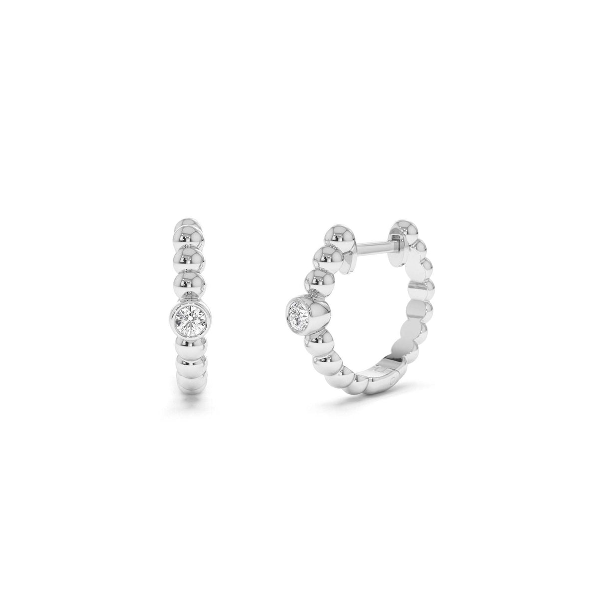 Bezel Setting Beaded Diamond Huggies in 14K Gold — view 3
