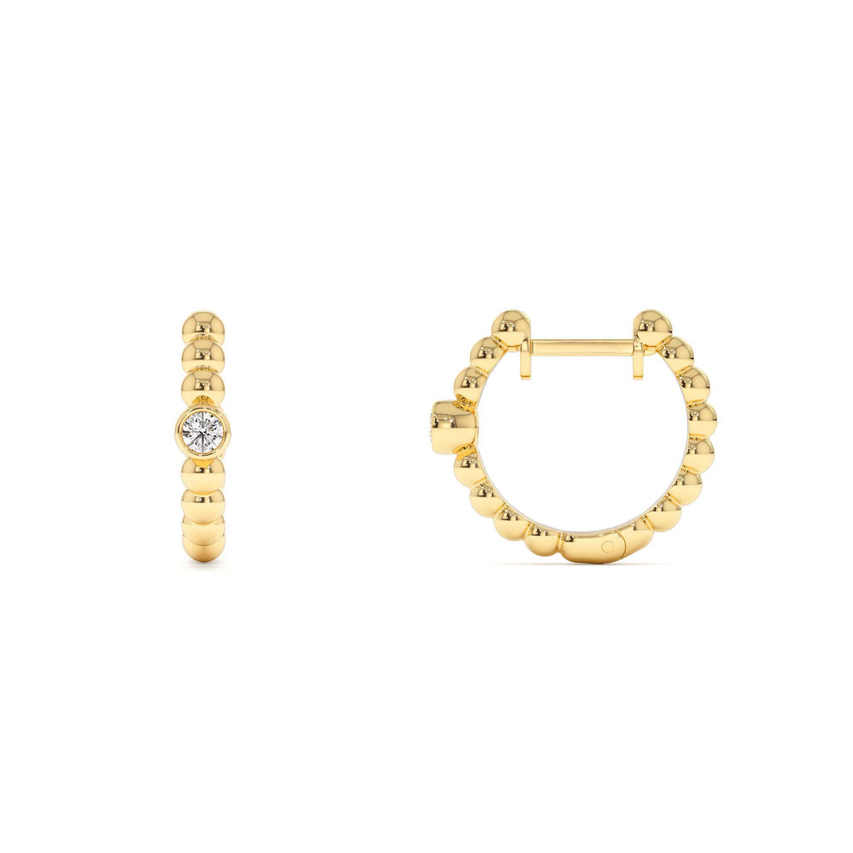 Bezel Setting Beaded Diamond Huggies in 14K Gold — view 2