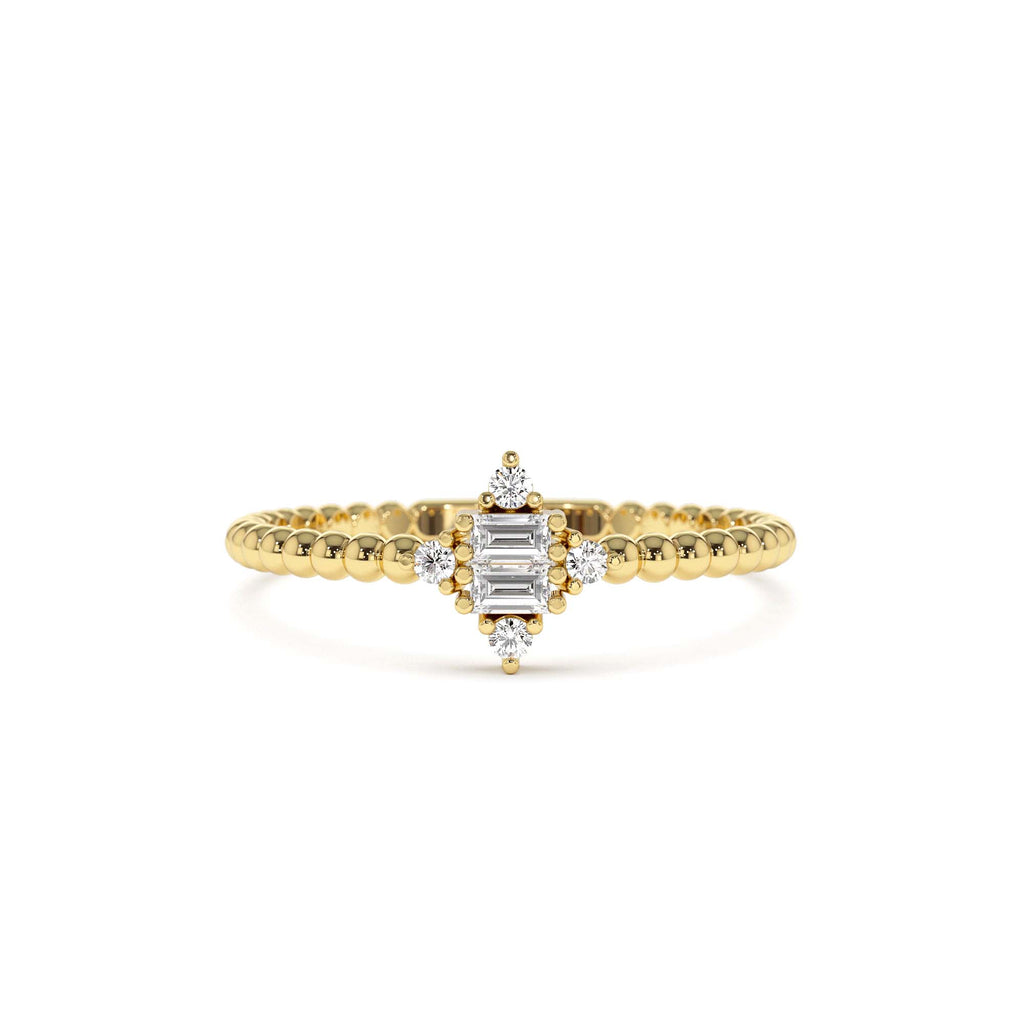 Beaded Baguette and Round Diamond Stacking Ring in 14K Gold — view 1