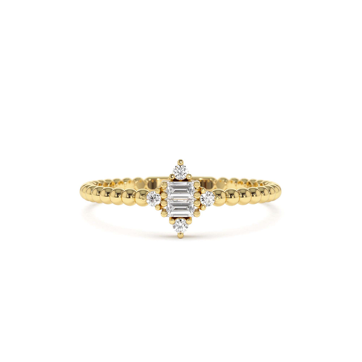 Beaded Baguette and Round Diamond Stacking Ring in 14K Gold — view 1