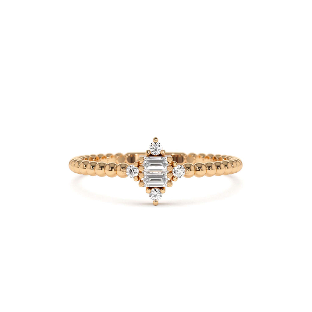 Beaded Baguette and Round Diamond Stacking Ring in 14K Gold — view 5