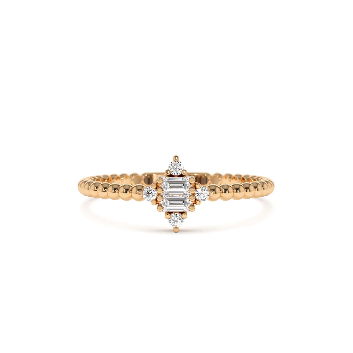 Beaded Baguette and Round Diamond Stacking Ring in 14K Gold — view 5