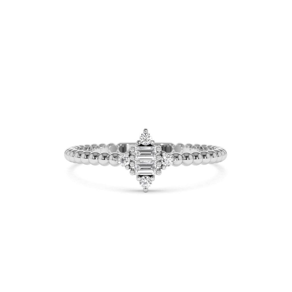 Beaded Baguette and Round Diamond Stacking Ring in 14K Gold — view 4