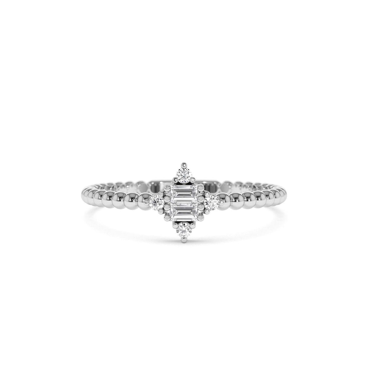Beaded Baguette and Round Diamond Stacking Ring in 14K Gold — view 4