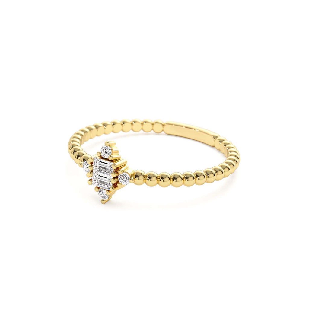 Beaded Baguette and Round Diamond Stacking Ring in 14K Gold — view 2