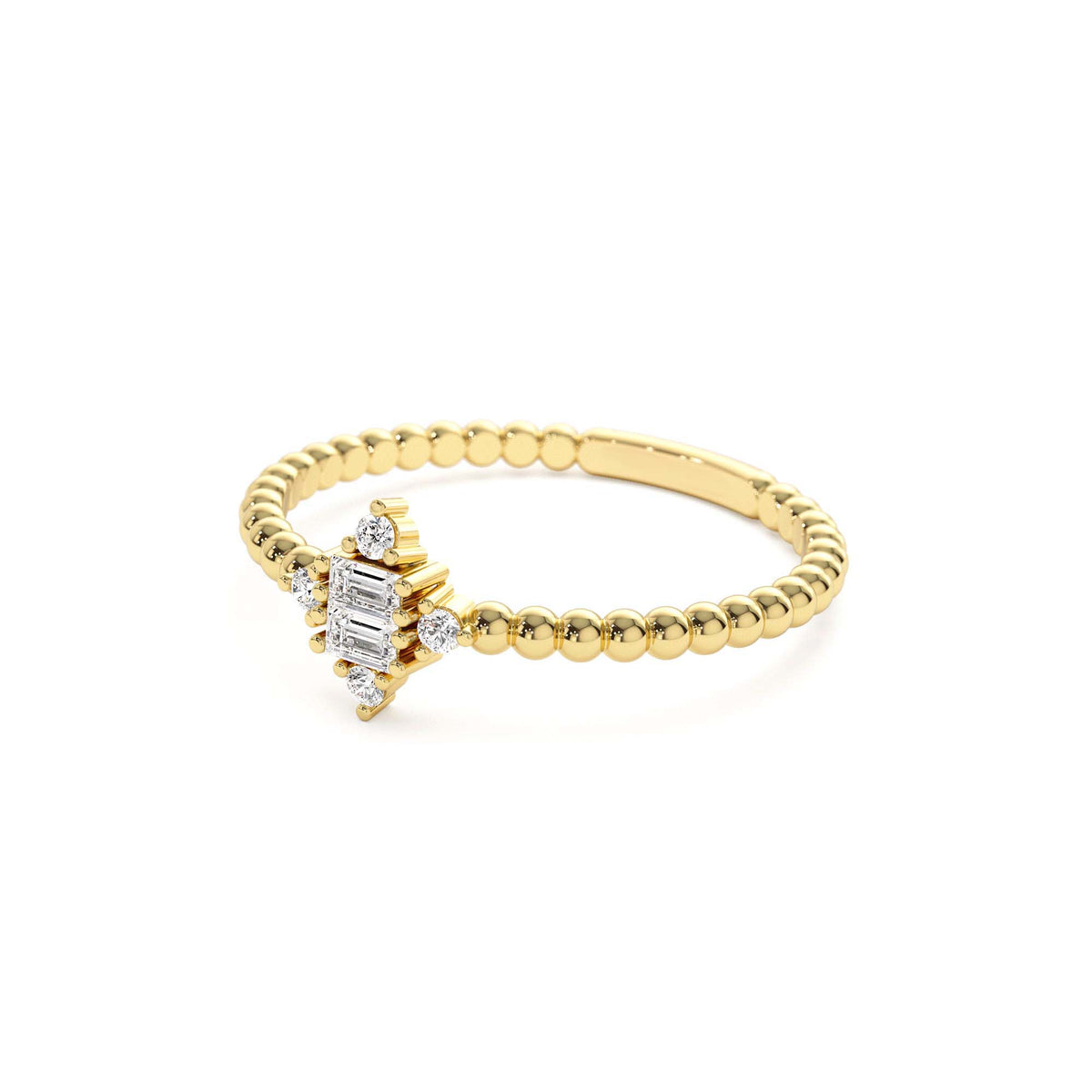 Beaded Baguette and Round Diamond Stacking Ring in 14K Gold — view 2