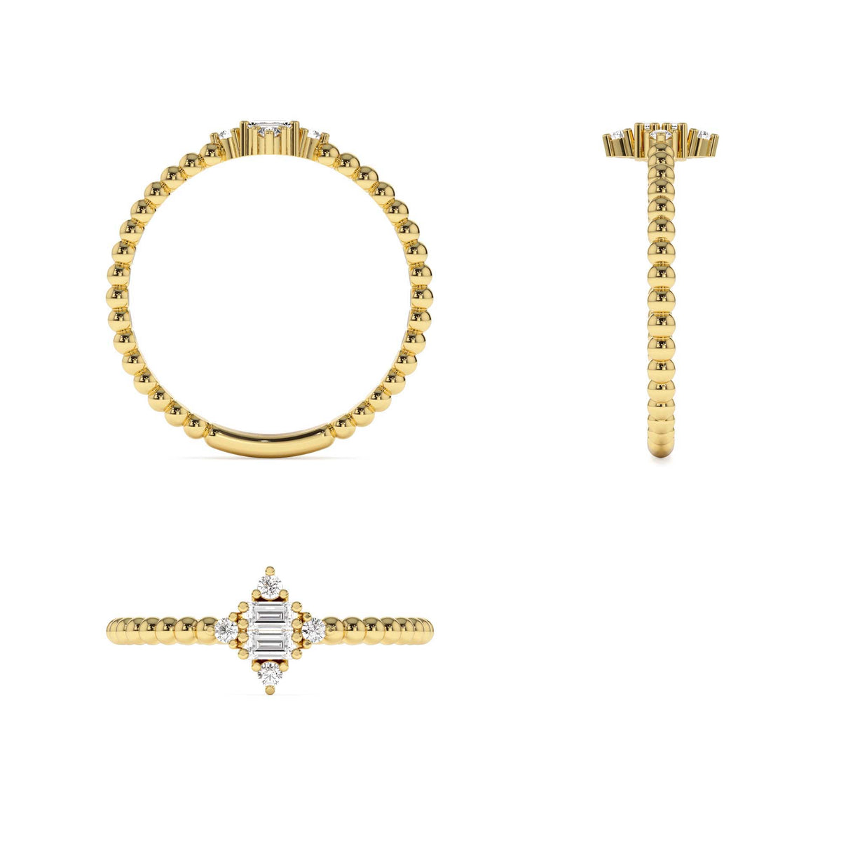 Beaded Baguette and Round Diamond Stacking Ring in 14K Gold — view 3