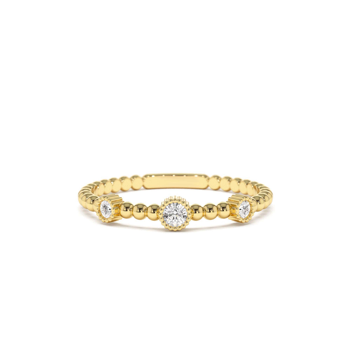 Bead Band Ring with Three Bezel Setting Diamonds in 14K Gold — view 1