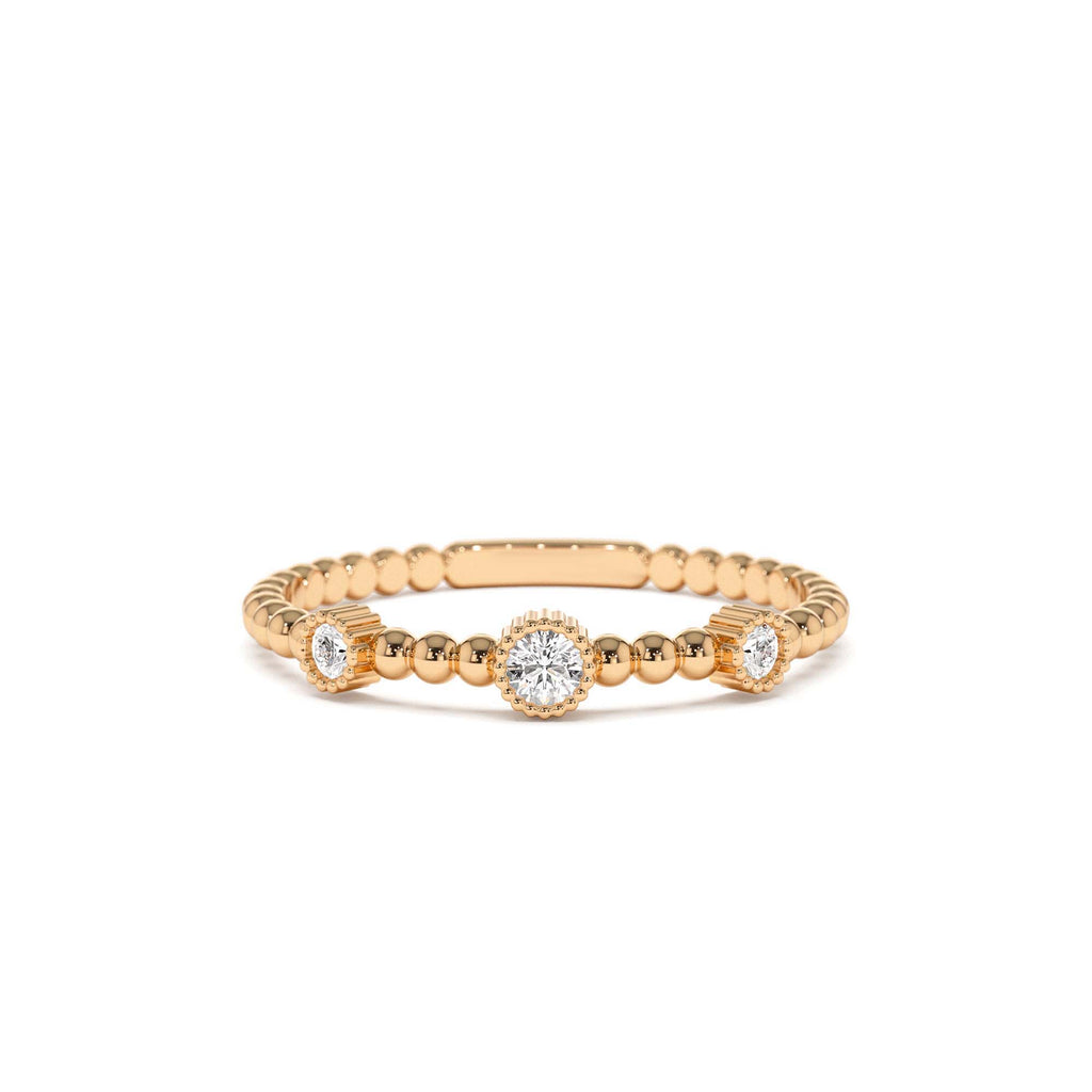 Bead Band Ring with Three Bezel Setting Diamonds in 14K Gold — view 5