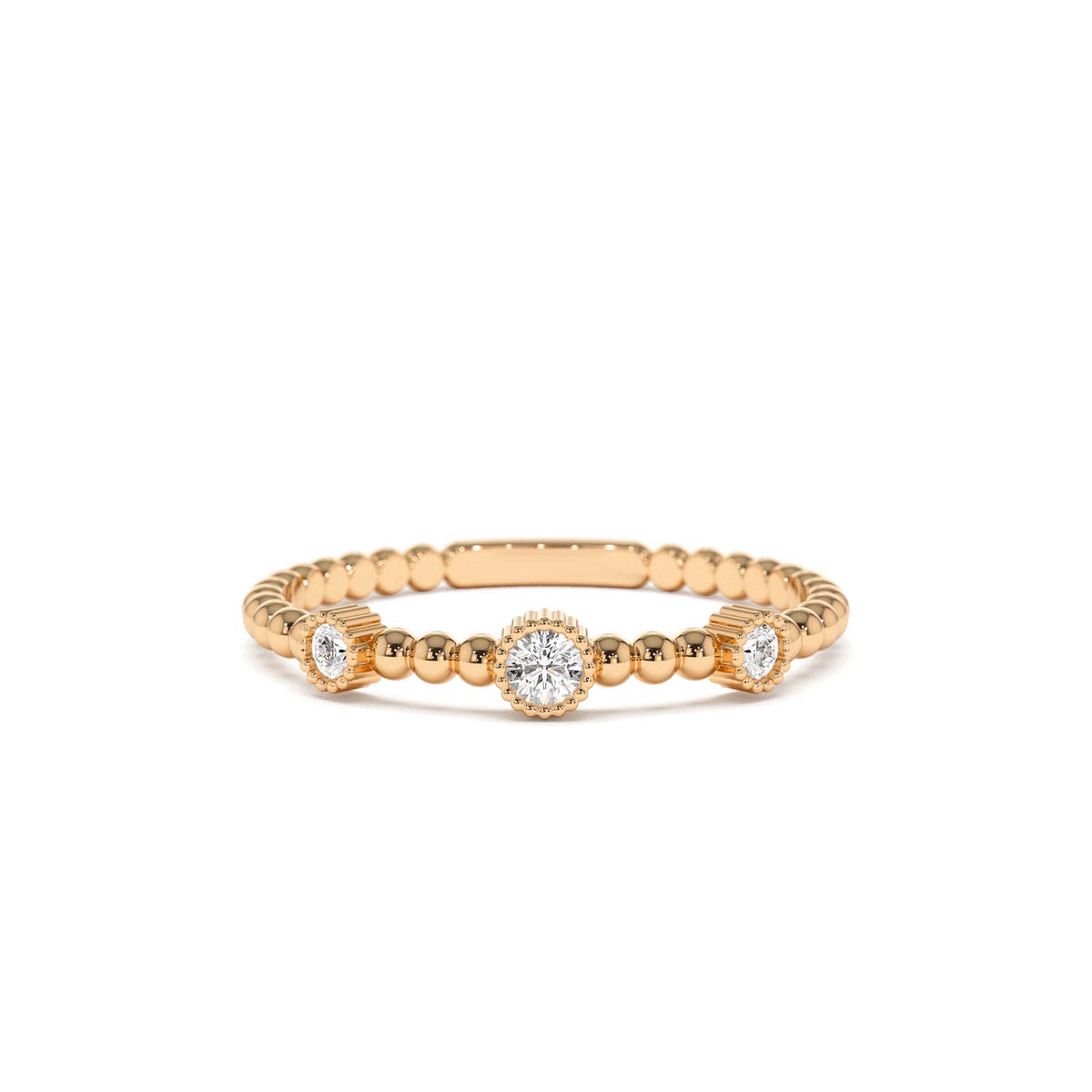 Bead Band Ring with Three Bezel Setting Diamonds in 14K Gold — view 5
