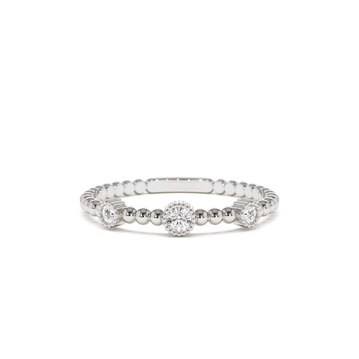 Bead Band Ring with Three Bezel Setting Diamonds in 14K Gold — view 4