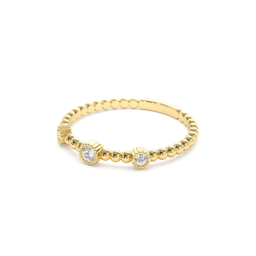 Bead Band Ring with Three Bezel Setting Diamonds in 14K Gold — view 2